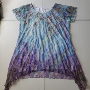 Indigo Soul Tunic Shirt Womens XL Blue Purple Lace Floral Asymmetrical Fairy Y2k
